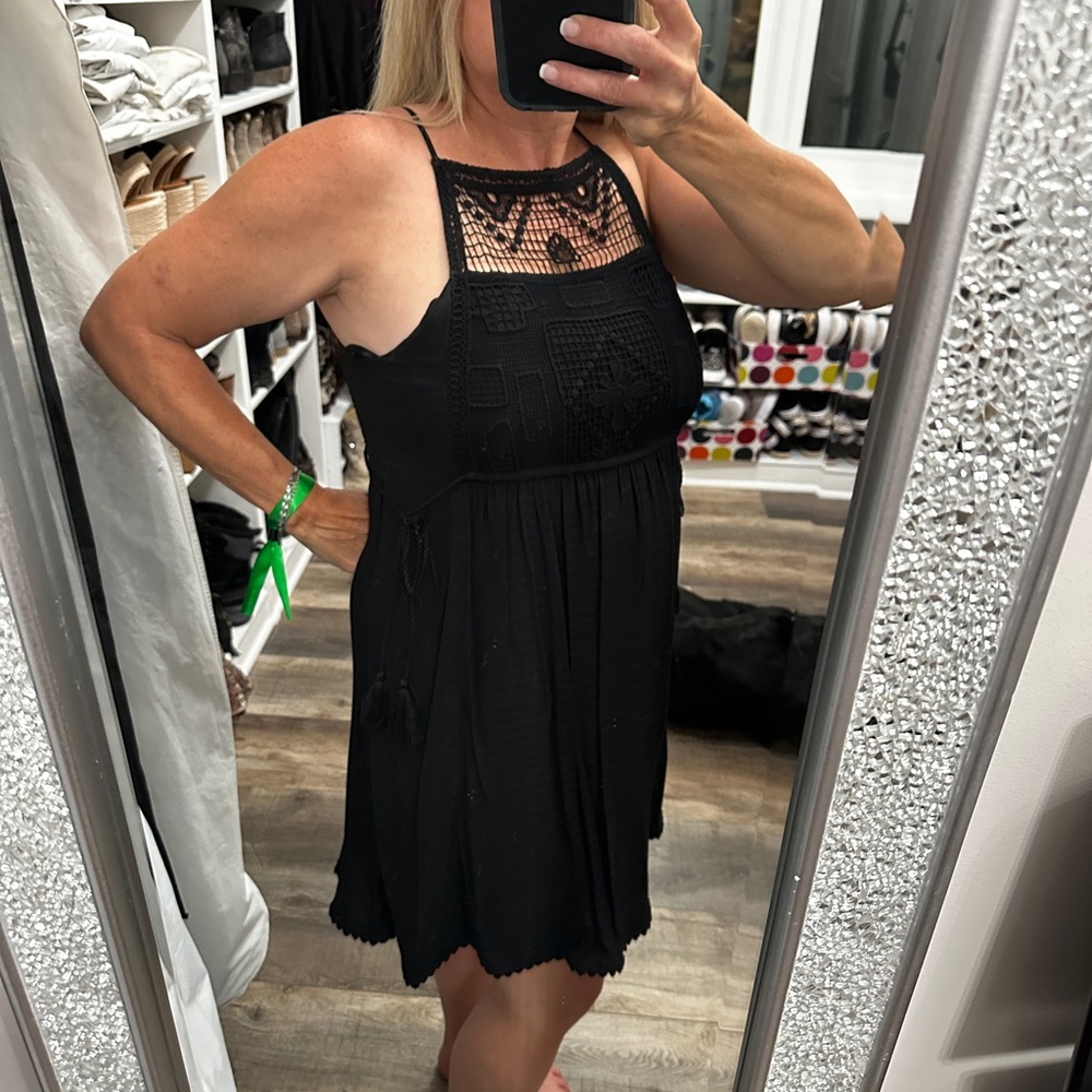 LOVESTITCH Chic Black Sleeveless Dress large crochet & tie boho